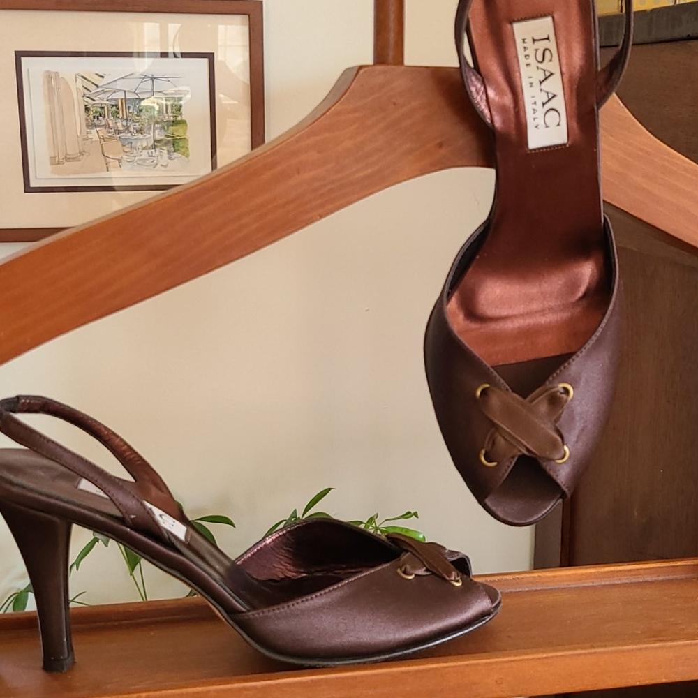 Brown satin peeptoe heels